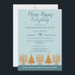 Merry Gold Blue Chrismukkah Holiday Party<br><div class="desc">Design these Merry Happy Chrismukkah holiday party invitations with your event details on this simple modern interfaith design of faux gold Hanukkah Menorahs and Christmas trees with mixed fonts in dark blue on a soft pastel blue background. Every bit of text on these gold and blue custom invitations can be...</div>