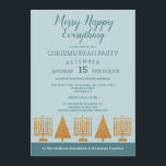 Merry Gold Blue Chrismukkah Holiday Party Cards<br><div class="desc">Design these Merry Happy Chrismukkah holiday party invitations with your event details on this simple modern interfaith design of faux gold Hanukkah Menorahs and Christmas trees with mixed fonts in dark blue on a soft pastel blue background. Every bit of text on these gold and blue custom invitations can be...</div>