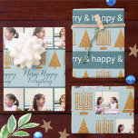 Merry Gold Blue Christmas Hanukkah Photo Wrapping Paper Sheets<br><div class="desc">Create your own assortment of holiday photo wrapping paper sheets with this fun yet elegant faux gold and blue Merry Happy Everything theme. This variety pack of custom interfaith holiday gift wrap includes two sheets featuring your photos and one sheet with a pastel blue, dark blue and white typography feel...</div>