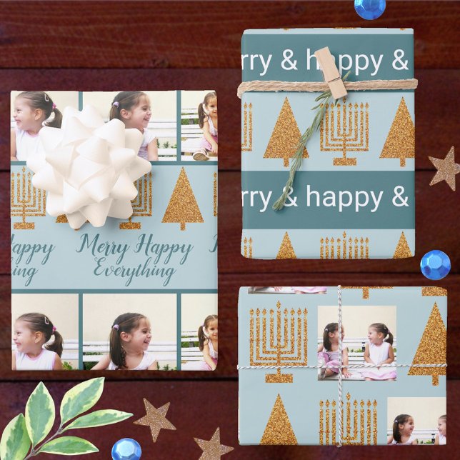 Merry Gold Blue Christmas Hanukkah Photo Wrapping Paper Sheets (Creator Uploaded)
