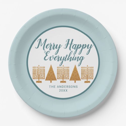 Merry Gold Blue Holiday Interfaith Party Paper Plates