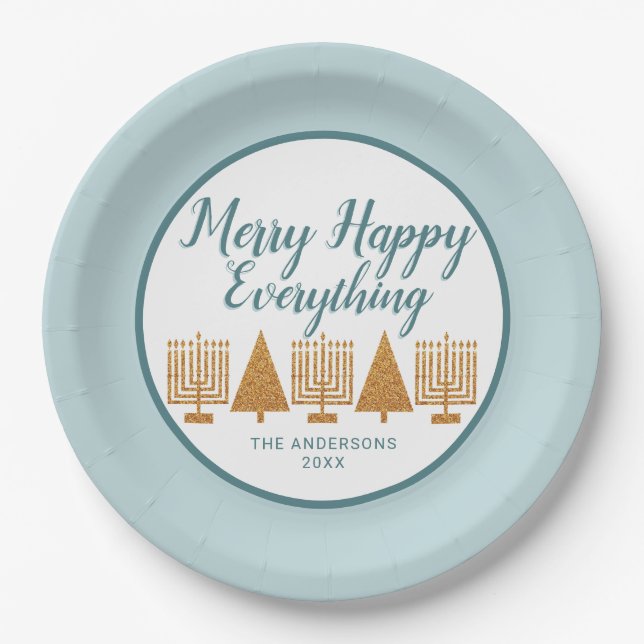 Merry Gold Blue Holiday Interfaith Party Paper Plates (Front)