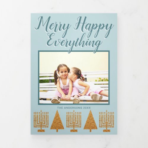 Merry Gold Blue Interfaith Elegant 3 Photo Tri_Fold Holiday Card