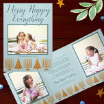 Merry Gold Blue Interfaith Elegant 3 Photo Tri-Fold Holiday Card<br><div class="desc">Luxury personalized tri-fold holiday cards in this faux gold and blue MERRY HAPPY EVERYTHING interfaith design featuring 3 of your photos is an elegant way to send holiday cheer this year. A row of faux gold Hanukkah Menoras and matching gold tone Christmas trees along the bottom of these pastel blue...</div>