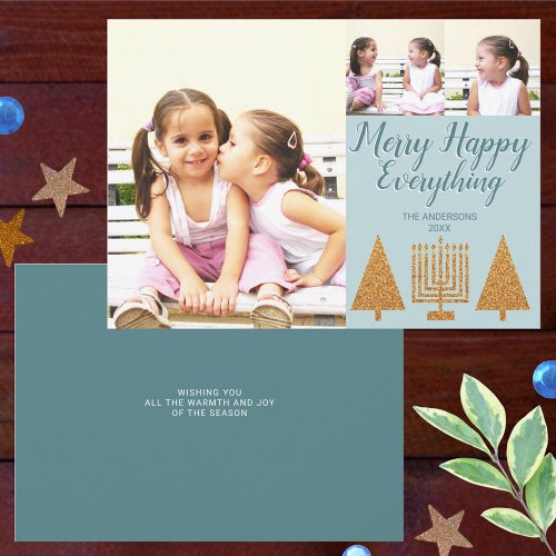 Merry Gold Blue Modern 3 Photo Collage Holiday Card