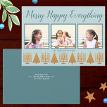 Merry Gold Blue Simple 3 Photo Collage Holiday Card<br><div class="desc">Personalize these 3 photo collage holiday cards in a simple gold and pastel blue Merry Happy Everything interfaith design. A stylized hand written script font in deep blue with a slight drop shadow in white adds interest and the row of five faux gold Menorahs and four Christmas trees makes these...</div>