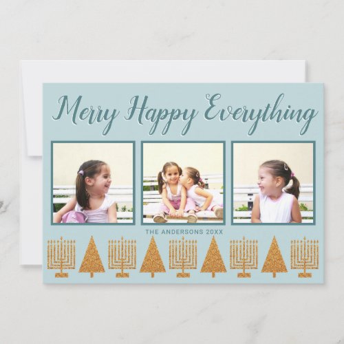 Merry Gold Blue Simple 3 Photo Collage Holiday Card
