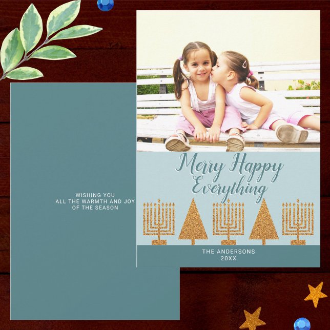 Merry Gold Blue Stylish Add Your Photo Holiday Card (Easy to personalize with your photo and custom text)