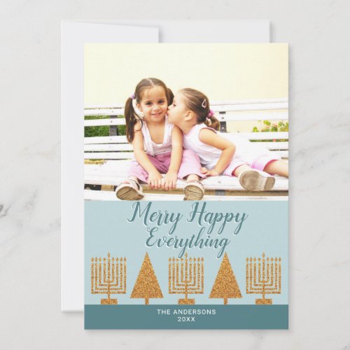 Merry Gold Blue Stylish Add Your Photo Holiday Card