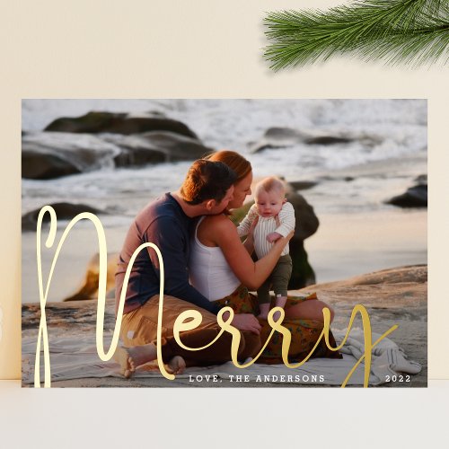 Merry Gold  Christmas Full Bleed Photo Modern Foil Holiday Card