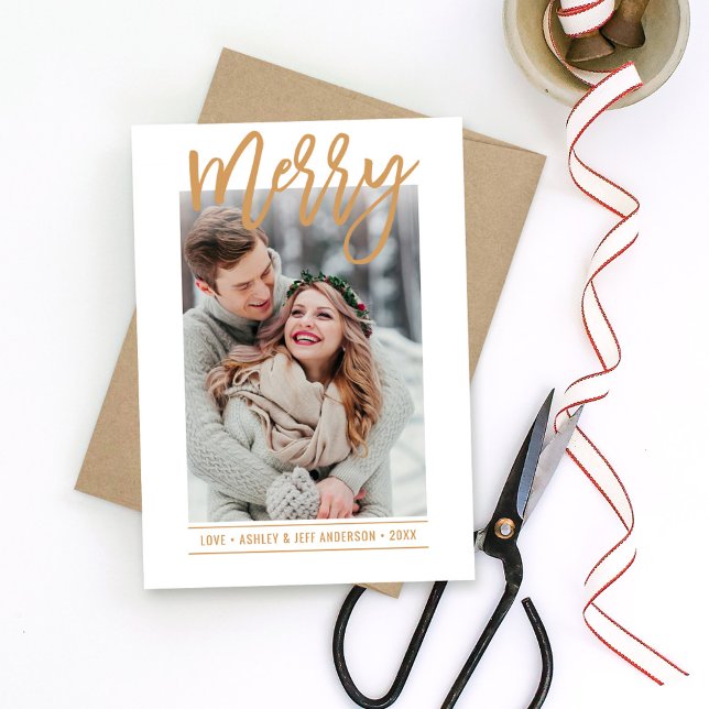 Merry Gold Script Photo with Snowflake Back Holiday Card (Creator Uploaded)