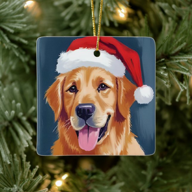 Merry Golden Retriever | Santa Hat Dog Christmas Ceramic Ornament (Tree)
