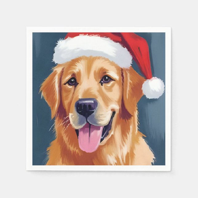 Merry Golden Retriever | Santa Hat Dog Christmas Napkins (Front)