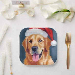 Merry Golden Retriever   Santa Hat Dog Christmas Paper Plates