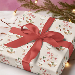 Merry Goosemas   Whimsical Goose Christmas Holiday Wrapping Paper
