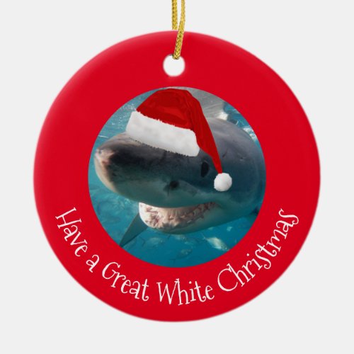 Merry Great White Christmas Shark Portrait Photo Ceramic Ornament