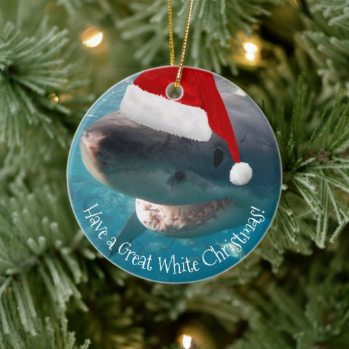 Merry Great White Christmas Shark Santa Hat Funny Ceramic Ornament