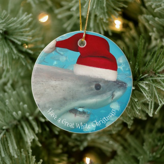Merry Great White Christmas Shark Santa Hat Funny Ceramic Ornament (Tree)