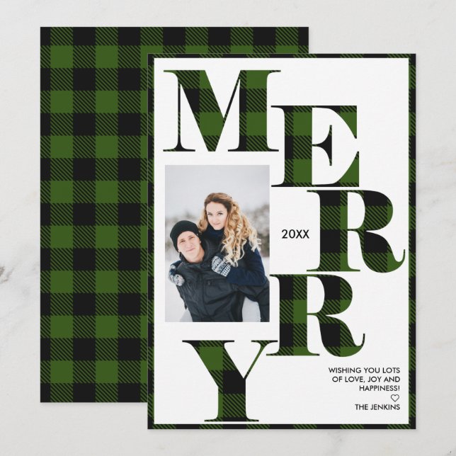 Merry | Green Buffalo Plaid Vertical Photo Holiday Invitation (Front/Back)