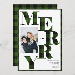 Merry   Green Buffalo Plaid Vertical Photo Holiday Invitation