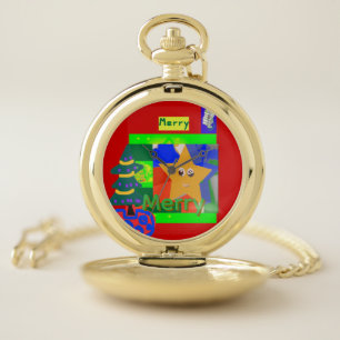 Merry Green Name on Red Christmas  Pocket Watch