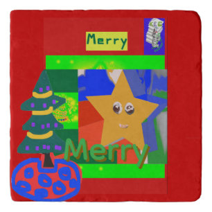Merry Green Name on Red Christmas Trivet