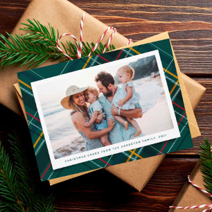 Merry green plaid one-photo modern Christmas Holiday Card