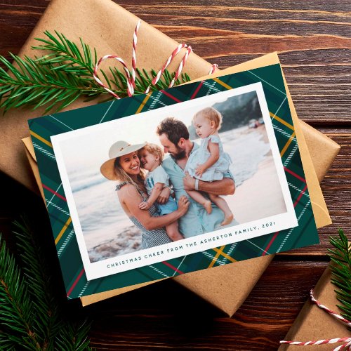 Merry green plaid one_photo modern Christmas Holiday Card