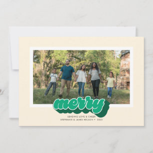 Merry Green Retro Script Christmas Photo Holiday Card