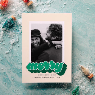 Merry Green Retro Script Christmas Photo Holiday Card