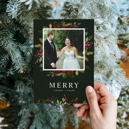 Merry Greenery  Editable Colors Flat Photo Holiday Card