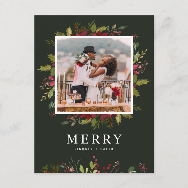 Merry Greenery | Editable Colors Photo Holiday Postcard (Front)