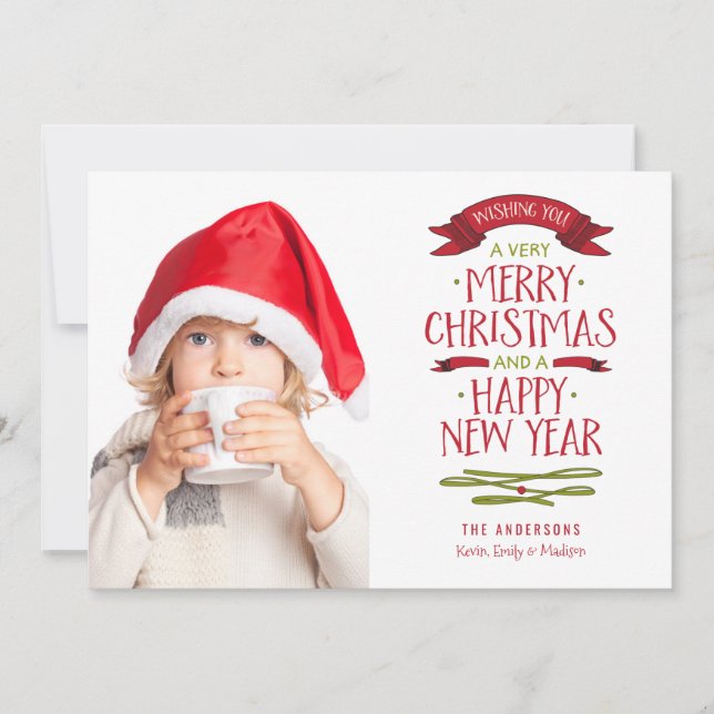 Merry Greetings Red Banner Holiday Photo Card (Front)
