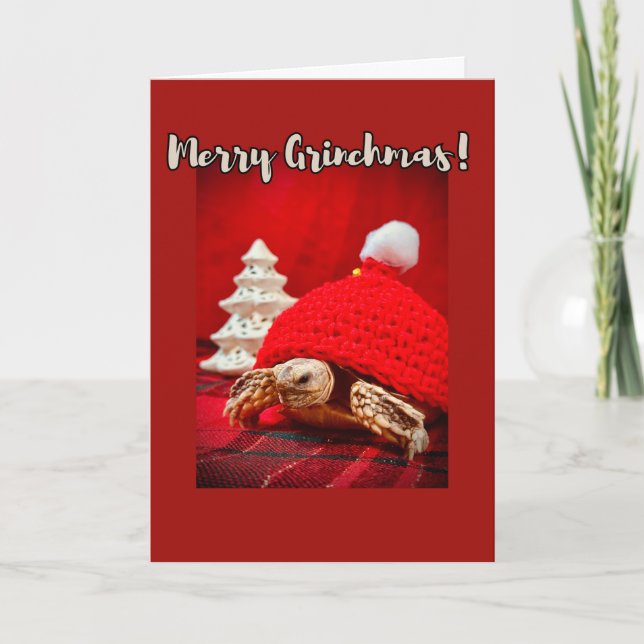 Merry Grinchmas baby sulcata tortoise in a red hat Card (Front)