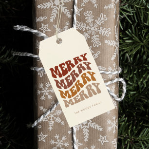 Merry Groovy Wavy Brown Typography Christmas Gift Tags