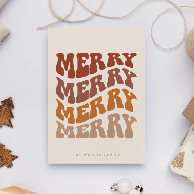 Merry Groovy Wavy Brown Typography Christmas Holiday Card (Creator Uploaded)