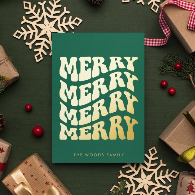 Merry Groovy Wavy Green Typography Christmas Foil Holiday Card (Creator Uploaded)