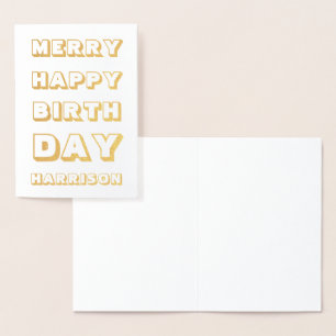 Merry Happy Birthday custom name modern Christmas Foil Card