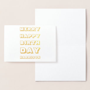 Merry Happy Birthday custom name modern Christmas Foil Card