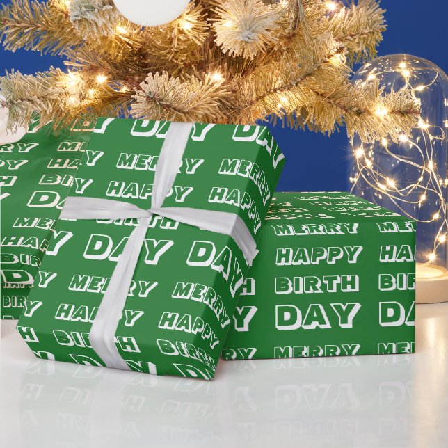 Merry Happy Birthday green white modern Christmas Wrapping Paper (Holidays)