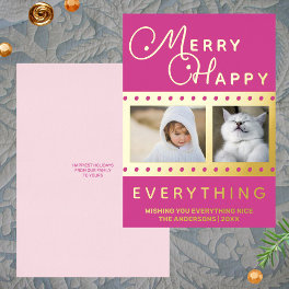 Merry Happy Chic 2 Photo Word Art Pink Gold Foil Holiday Card