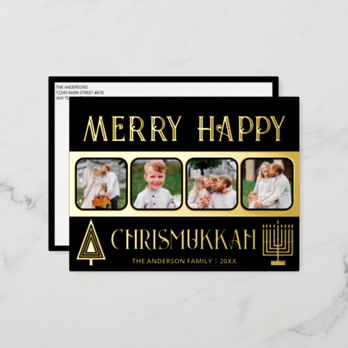 Merry Happy Chrismukkah 4 Photo Black And Gold Foil Holiday Postcard