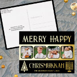 Merry Happy Chrismukkah 4 Photo Black And Gold Foil Holiday Postcard<br><div class="desc">Create your own luxe real gold foil holiday greeting postcards with this simple yet elegant four photo design in black and gold with a stylized tree for Christmas and a minimalist Menorah for Hanukkah. Merry Happy Chrismukkah! Add your four favorite photos using the simple template uploader and watch your pictures...</div>