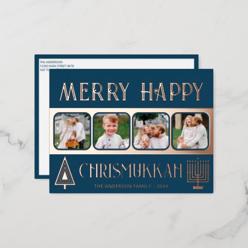 Merry Happy Chrismukkah 4 Photo Blue And Rose Gold Foil Holiday Postcard