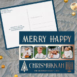 Merry Happy Chrismukkah 4 Photo Blue And Rose Gold Foil Holiday Postcard<br><div class="desc">Create your own luxe real rose gold foil holiday greeting postcards with this simple yet elegant four photo design in dark blue and rose gold with a stylized tree for Christmas and a minimalist Menorah for Hanukkah. Merry Happy Chrismukkah! Add your four favorite photos using the simple template uploader and...</div>