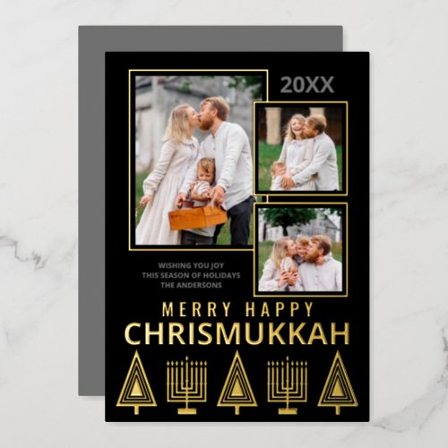 Merry Happy Chrismukkah Chic 3 Photo Gold Foil Holiday Card