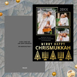 Merry Happy Chrismukkah Chic 3 Photo Gold Foil Holiday Card<br><div class="desc">Personalized photo greeting cards printed with real gold foil add a touch of luxury to your holiday mailings. Easy to customize, just add your three photos where they will appear slightly overlapping with thin gold borders on the solid black background. Edit the year at the top and your name and...</div>