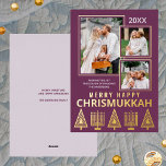 Merry Happy Chrismukkah Chic 3 Photo Purple Gold Foil Holiday Card<br><div class="desc">Personalized photo greeting cards printed with real gold foil add a touch of luxury to your holiday mailings. Easy to customize, just add your three photos where they will appear slightly overlapping with thin gold borders on the solid plum purple background. Edit the year at the top and your name...</div>