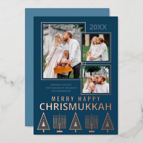 Merry Happy Chrismukkah Chic 3 Photo Rose Gold Foil Holiday Card