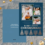 Merry Happy Chrismukkah Chic 3 Photo Rose Gold Foil Holiday Card<br><div class="desc">Personalized photo greeting cards printed with real rose gold foil add a touch of luxury to your holiday mailings. Easy to customize, just add your three photos where they will appear slightly overlapping with thin rose gold borders. Edit the year at the top and your name and a short greeting...</div>